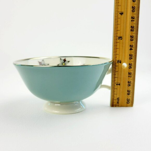 Lenox Kingsley Teacup & Saucer Teal Band Platinum Trim Floral Center c1954-79 - Picture 12 of 14